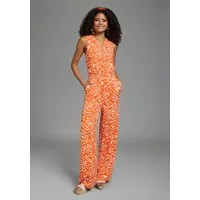 LAURA SCOTT Jumpsuit LAURA SCOTT, Damen, Gr. 44, N-Gr, rot, gemustert, Jersey, Obermaterial: 95% Viskose, 5% Elasthan, gemustert, bequem, Rundhals, Overalls Jumpsuit, mit sommerlichem Muster, modisch weites Bein und Knopfleiste