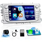 [2+64G] Hikity Autoradio Android 13 Wireless Carplay für Ford Focus Kuga Galaxy C-MAX S-MAX Mondeo MK4 7 Zoll Autoradio mit Bildschirm Navi Android Auto Bluetooth WiFi FM RDS (Weiß)