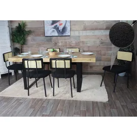 Mendler 6er-Set Esszimmerstuhl HWC-K88, Lehnstuhl Stuhl, Holz Poly-Rattan Metall Bouclé ~ Stoff/Textil schwarz