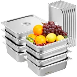 VEVOR 8er-Pack Hotelpfannen, 1/2-Größe Anti-Stau-Dampfpfanne mit Deckel, 0,8 mm dicke Edelstahl-Dampftischpfanne, 4 Zoll tiefe kommerzielle Tischpfanne, Catering-Aufbewahrungspfanne für Lebensmittel, für Industrie und Wissenschaft
