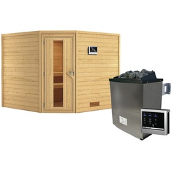 KARIBU Sauna »Leona«, inkl. 9 kW Saunaofen mit externer Steuerung, für 4 Personen - beige