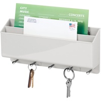 mDesign praktische Briefablage für Flur und Küche – kompaktes Schlüsselboard mit 2 Fächern für Post und 5 Haken – wandmontiertes Schlüsselbrett aus Kunststoff und Metall – hellgrau