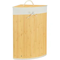 Relaxdays Eckwäschekorb Bambus, faltbare Wäschebox 60 l, platzsparend, Wäschesack Baumwolle, 65 x 49,5 x 37 cm, creme