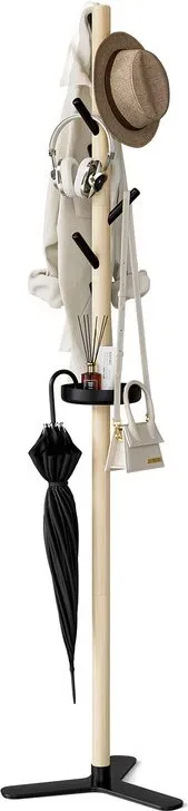KAPANOU Holz-Kleiderständer, freistehendes Eingangsbäumchen, rustikale Klammer-/Kleiderständer mit Ablagebrett, 7 Haken für Hut, Tasche, Jacke, Schirm und Zubehör, Holz, braun/schwarz, Neujahrsangebot, Top-Geschenkideen