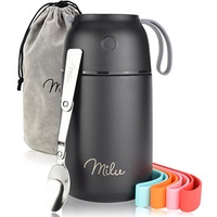 Milu Isolier-Speisebehälter schwarz 1 Thermobehälter mit Tasche, klappbarer Löffel, 5 farbige Trageschlaufen aus Gummi