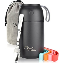 Milu Isolier-Speisebehälter schwarz 1 Thermobehälter mit Tasche, klappbarer Löffel, 5 farbige Trageschlaufen aus Gummi