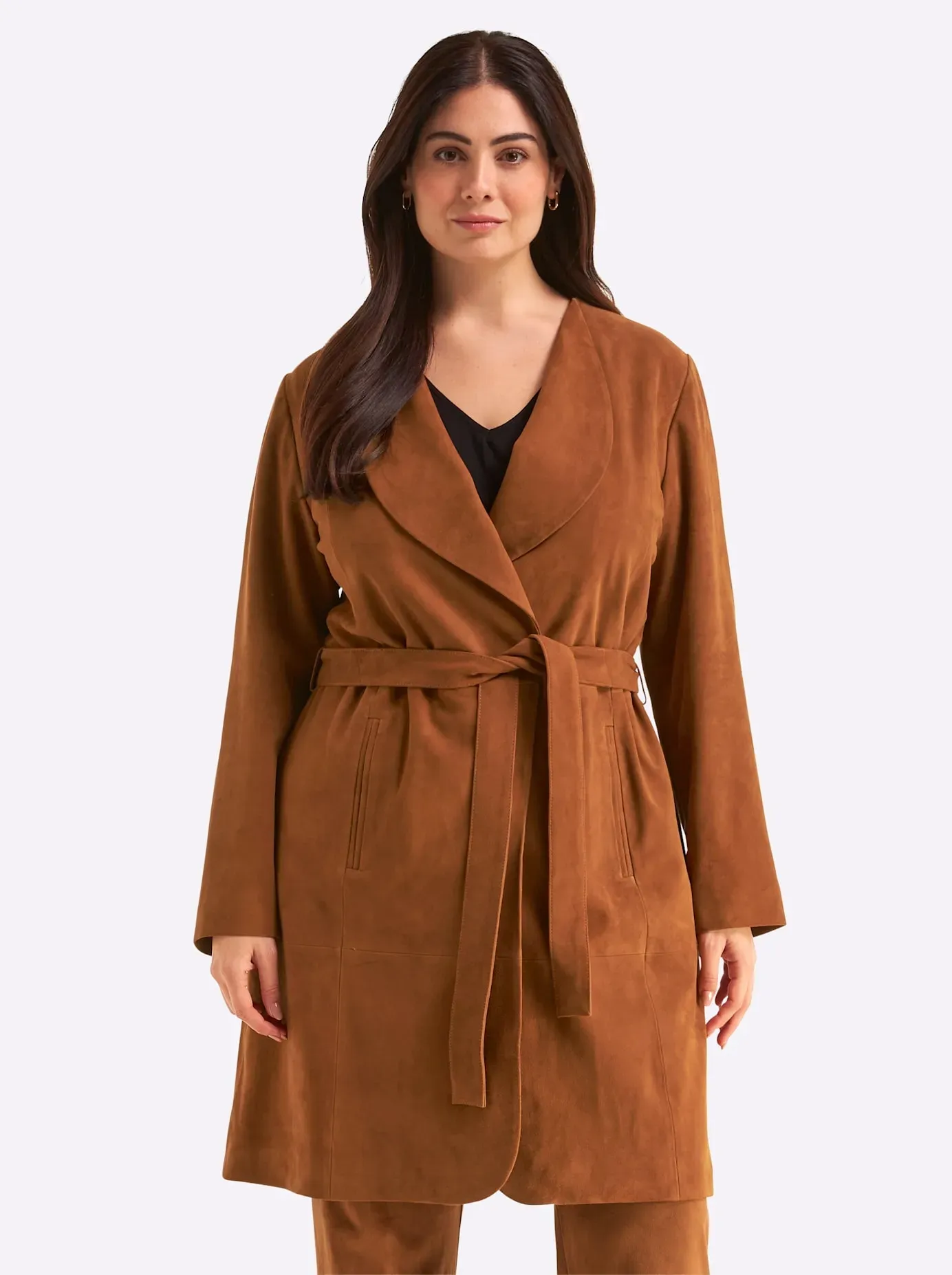 Ledermantel SHEEGO, Damen, Gr. 58, cognac, 100% diverse Faserarten, unifarben, unifarben mit Farbeinsatz, unifarben mit Farbeinsätzen, Mäntel