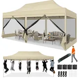 COBIZI Faltpavillon 3x6 Wasserdicht Stabil mit 6 Moskitonetz Seitenwänden, Upgrade Pop Up Partyzelt Pavillon Faltbar, Gartenpavillon Für Hochzeit Festival, 420D Oxford, Tasche mit Rollen, Khaki