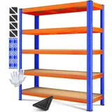 MASKO® Schwerlastregal Lagerregal Kellerregal 180x160x60cm, 1500kg belastbar, 5 verstellbare Ablagen, MDF-Platten Regal aus Metall, Steckregal, Werkstattregal Stahlgestell Garage Werkbank Blau/Orange