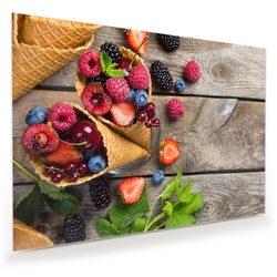 Primedeco Glasbild Wandbild Beeren in Waffeln mit Aufhängung, Früchte rot 100 cm x 70 cm