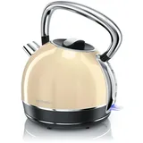 Arendo Wasserkocher Retro Design, 2200 Watt, Edelstahl Teekessel 1,7 Liter, Kalkfilter austauschbar, automatische Abschaltung, Beige