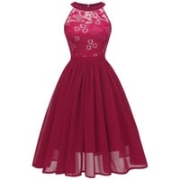 NCQiFei Damen Kleid Sommer Elegant Kleider Spitzenkleid Knielang Festlich Hochzeit Partykleid Rockabilly Retro Cocktailkleid Sommerkleid Ärmellos Großes Pendel Lose Langes Dress (Wein, M) - M