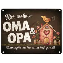 speecheese Hier wohnen Oma und Opa - Metallschild in 15x20 cm - Elternregeln außer Kraft Ein Zuhause für Großeltern Dunkle Töne für eine elegante Note