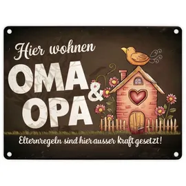 speecheese Hier wohnen Oma und Opa - Metallschild in 15x20 cm - Elternregeln außer Kraft Ein Zuhause für Großeltern Dunkle Töne für eine elegante Note