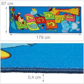 Relaxdays Kinderteppich Hüpfkästchen, mit Tieren Blau,Gelb,Grün