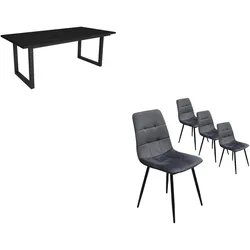 SKRAUT HOME Möbelset, Esstisch, 194x90x75cm, Schwarz, Industriestil, Tisch, 4er-Pack Esszimmerstühle, Gepolsterter Stuhl - 1100_2012