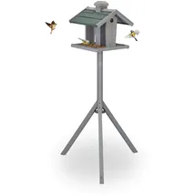 Relaxdays Vogelfutterhaus mit Ständer, Silo, wetterfestes Dach, Garten, Holz Vogelhaus HBT 135 x 67 x 56 cm, grau/grün