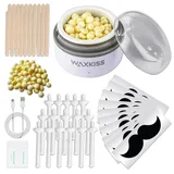 Nasenwachsset Mini Wachswärmer mit 100g Nasenhaarwachs,16 Nasenhaarentferner Sticks,20 Holzapplikatoren,10 Schnurrbartschablonen,15 Balsamtücher,USB