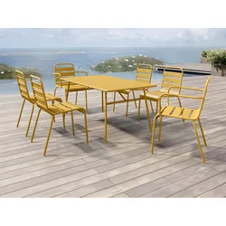 Garten-Essgruppe: Tisch L. 160 cm + 2 stapelbare Sessel + 4 stapelbare Stühle - Metall - Senfgelb - MIRMANDE von MYLIA