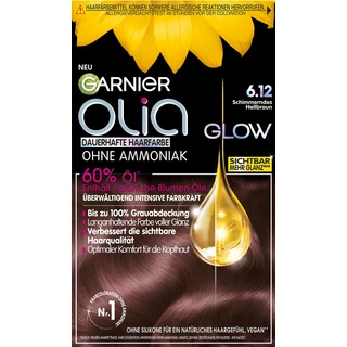 Garnier Dauerhafte Haarfarbe ohne Ammoniak mit pflegenden, natürlichen Ölen, Vollständige Grauhaarabdeckung, Olia Permanente Coloration, 6.12 Schimmerndes Hellbraun, 1 Stück