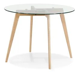 Kadima Design Rundtisch aus Glas, Ø 100 cm, Holz Beine, Kompakt, Modern Esstisch