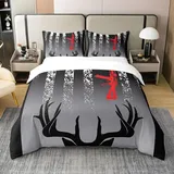 Jagd Thema 100% Baumwolle Bettbezug,Hirsch Bettwäsche Set Elch Geweih Rot Gun Print Tröster Bezug 155x220 Schwarz Weiß Grau Streifen Retro Stil Jäger Bett Sets mit 1 Kissenbezug Schlafzimmer Dekor