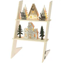 COM-FOUR® LED Deko Leiter mit Häusern - weihnachtliche Dekoration aus Holz - Häuser mit LED-Beleuchtung - Batteriebetriebene Raumdeko - Weihnachtsdekoration (1x Deko Leiter/Häuser)