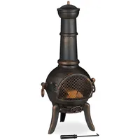 Relaxdays Terrassenofen, mit Funkenschutz, Schürhaken, Feuerrost, Zugluftklappe, Gartenkamin Gusseisen, Stahl, Bronze,