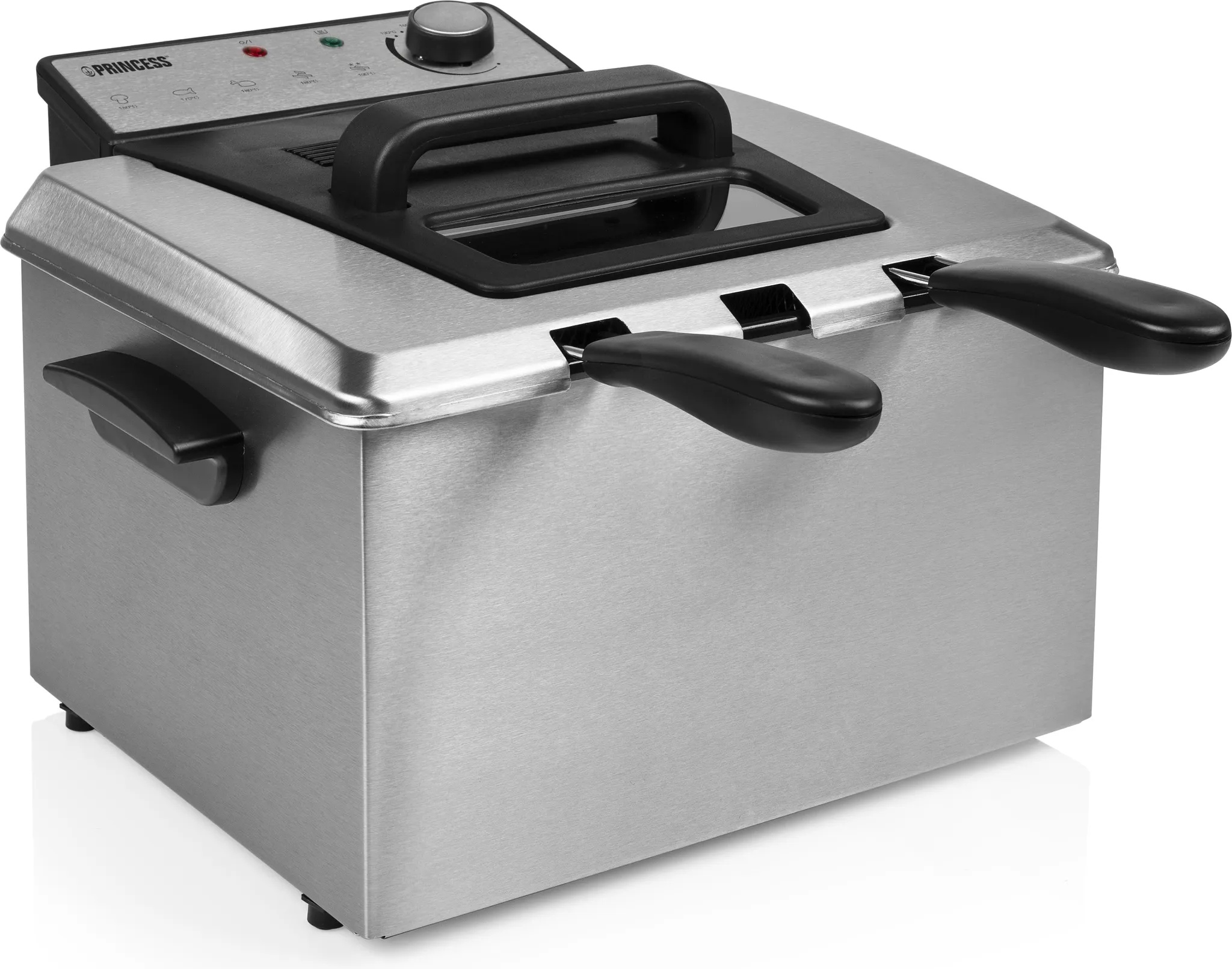 Princess Fritteuse – 3270 Watt, 5 Liter, Thermostat, 3 Frittierkörbe, Kaltzone, 6-7 Personen, 185000, Fritteuse, Schwarz, Silber