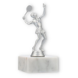 Pokal Kunststofffigur Tennisspielerin silbermetallic auf weißem Marmorsockel 13,6cm