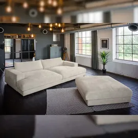 KAWOLA Big Sofa MADELINE Cord cremeweiß mit Hocker / 4 Zierkissen / Armlehntablett schwarz