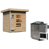 Woodfeeling Karibu Gartensauna Pultdach Saunahaus Jorgen-9 kW Bio-Kombiofen inkl. Steuergerät-Moderne Saunatür (Klarglas) inkl. 8-teiligem gratis Zubehörpaket (Gesamtwert 191,92€)