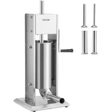 Vevor Wurstfüller Wurstfüllmaschine 5 L, Edelstahl + Aluminium Professionelle Silberne Wurstmaschine inkl. 37/30 / 21/15 mm Füllrohre, 2-Gang-Getriebe Vertikale Wurstpresse Handkurbel