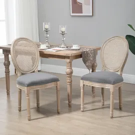 Homcom Esszimmerstühle 2er Set Küchenstuhl mit Rattan-Rückenlehne, Leinenoptik, Gepolsterter Polsterstuhl im Französischen Stil, für Wohnzimmer, Esszimmer, Stühle, Esszimmerstühle, Vierfußstühle