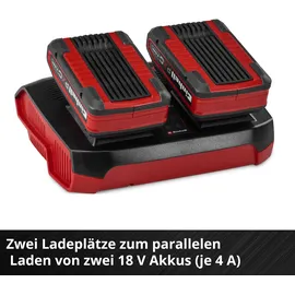 Einhell Ladegerät Power X-Twincharger 4A Power X-Change (18 V, gleichzeitiges Laden von 2x 18 V Akkus, Akkuüberwachung, Lademanagementsystem, Refresh-Modus)