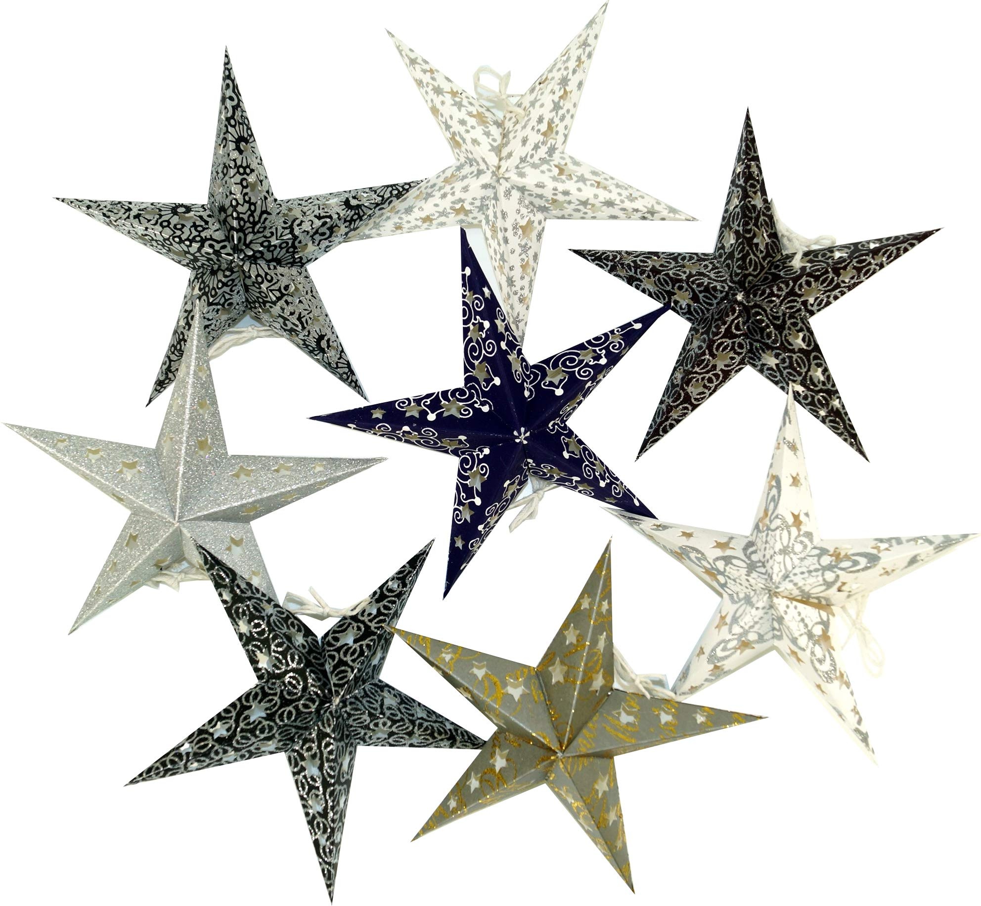GURU SHOP 8 Stk. Stern für Lichterkette, Papier Ministern 20 cm Set, Faltbar - Schwarz/weiß/grau/glitter, Papiersterne 20 cm für Lichterketten