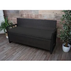 Mendler Poly-Rattan 3er Sitzbank HWC-F39, Gartenbank Truhenbank, Staufach Aufbewahrung Sitzkissen ~ braun, Kissen schwarz