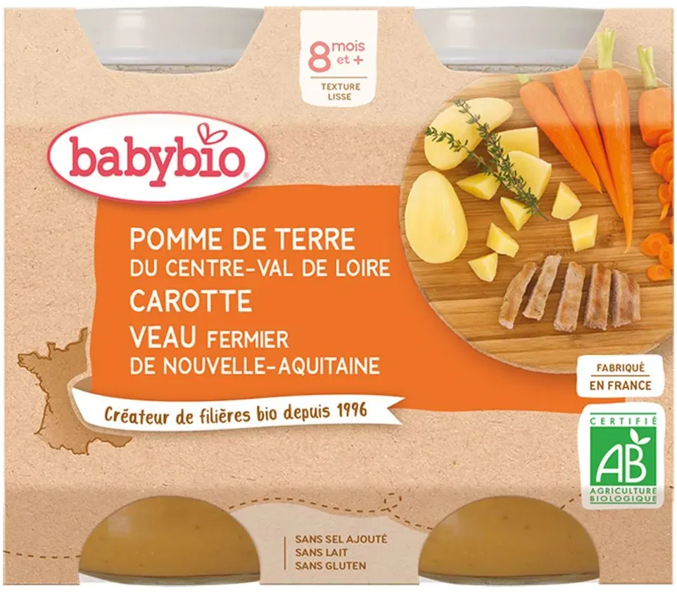 BabybioPOMME DE TERRE DU CENTRE-VAL DE LOIRE CAROTTE VEAU FERMIER DE NOUVELLE-AQUITAINE dès 8 mois 400 g Aliment