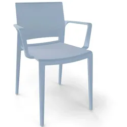 Bakhita“ hellblaue Stühle mit Armlehnen. Stapelbare Möbel für die Terrasse, den Innen- und Außenbereich von Restaurants und Cafeterias.