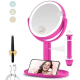 MOMOKUBA Kosmetikspiegel mit Beleuchtung, Vergrößerungsspiegel mit Licht 20fach, beidseitig beleuchteter Höhenverstellbarer Vergrößerungsspiegel, 3-Farb-Kosmetikspiegel für Tischschminken, Hochpink