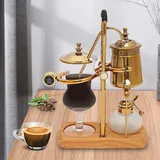 Gojoy Siphon Kaffeemaschine, 400ml Retro Kaffeebereiter, Vakuum Kaffeebereiter Set 4 Tassen Heimgebrauch, Glassiphon Kaffeemaschine Heimgebrau, Passendem Holzbrettsockel Gold