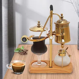 Gojoy Siphon Kaffeemaschine, 400ml Retro Kaffeebereiter, Vakuum Kaffeebereiter Set 4 Tassen Heimgebrauch, Glassiphon Kaffeemaschine Heimgebrau, Passendem Holzbrettsockel Gold