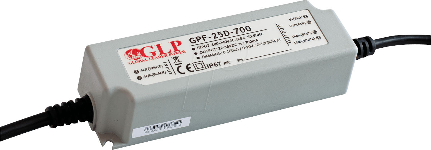 GPF-25D-1050 - LED-Netzteil, 25,2 W, 15-24 V DC, 1050 mA, IP67, CV+CC, dimmbar
