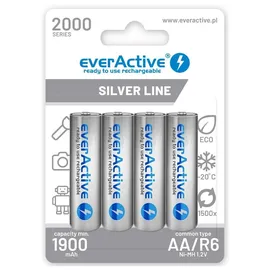 Everactive Akku AA 2000 mAh 4 Stück, NI-MH, Mignon R6, wiederaufladbar, vorgeladen, Silver Line 1.2V, 1 Blisterkarte, Silber, EHRL6-2000
