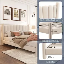 Okwish Polsterbett mit Matratze 180x200,Jugendbett mit Lattenrost und Kopfteil,Doppelbett mit Zylindrische Stützbeine,Beige - Beige