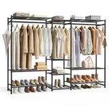 SONGMICS Kleiderständer, offener Kleiderschrank, Garderobenständer mit 10 Ablagen, 3 Kleiderstangen, 4 S-Haken, Metallrahmenm, für Schlafzimmer, Wohnzimmer, Eingangsbereich,schwarz LGR011BZ01