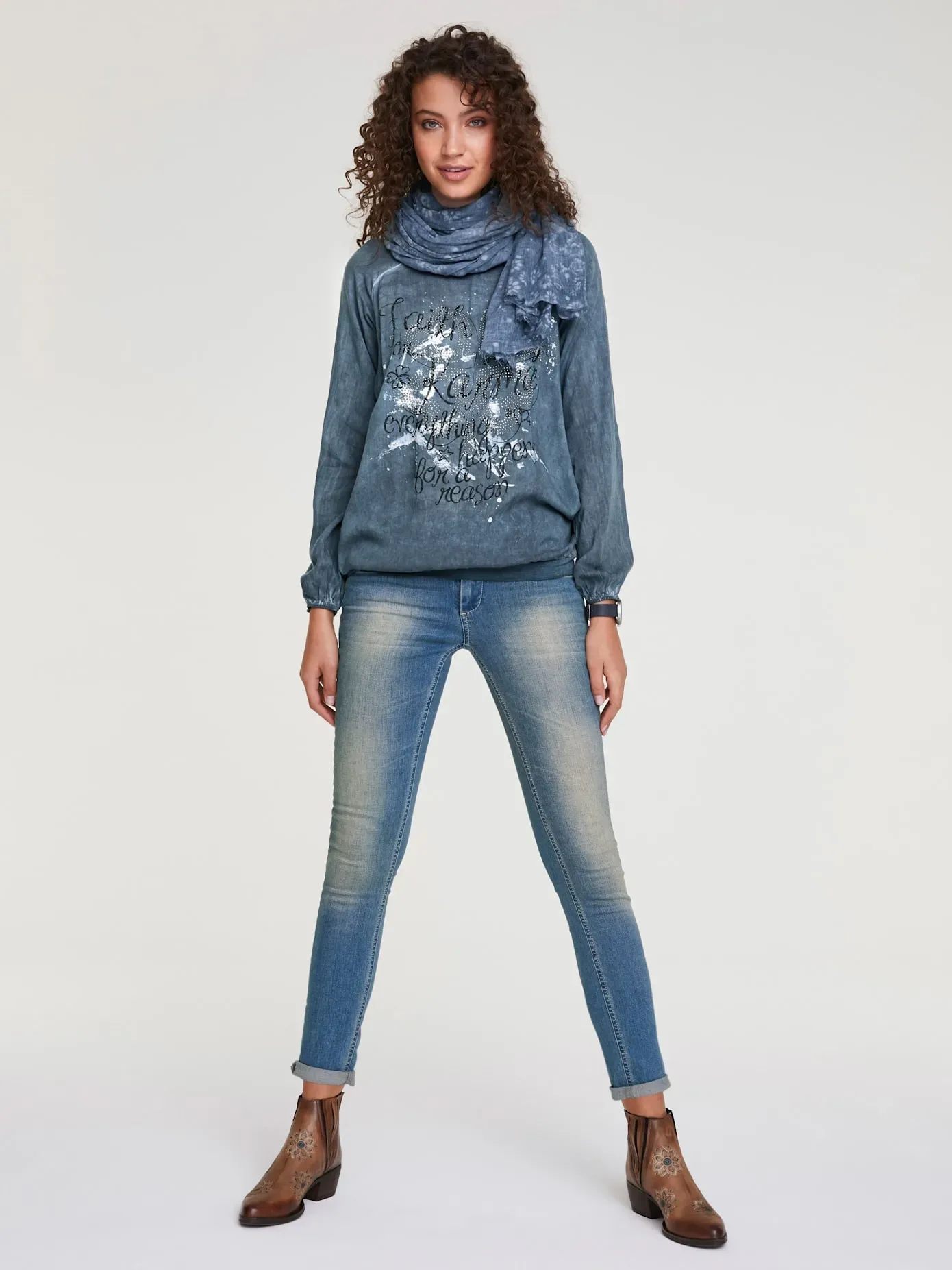 Schlupfbluse HEINE, Damen, Gr. 36, blau (jeansblau), 100% Viskose, bedruckt, gemustert, Rundhals, Blusen Schlupfbluse