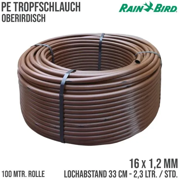 Rain Bird Tropfschlauch Oberirdisch PE 16 mm x 1,2 mm 2.3ltr/h 33 cm braun Typ PC inline XFD - 100 m