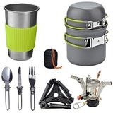 Defacto Camping Geschirr Set 9-teiliges kochtopf Set inkl. Aluminium Camping Töpfe, Faltbare Besteck, Mini Campingkocher für Schraubkartusche