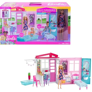 Barbie-Haus mit Küche, Schlafzimmer, Badezimmer, Pool, komplett eingerichtet Möbeln, verschließbar mit Aufbewahrungsgriff, Puppen, Geschenke für Kinder ab 3 Jahren, GWY84